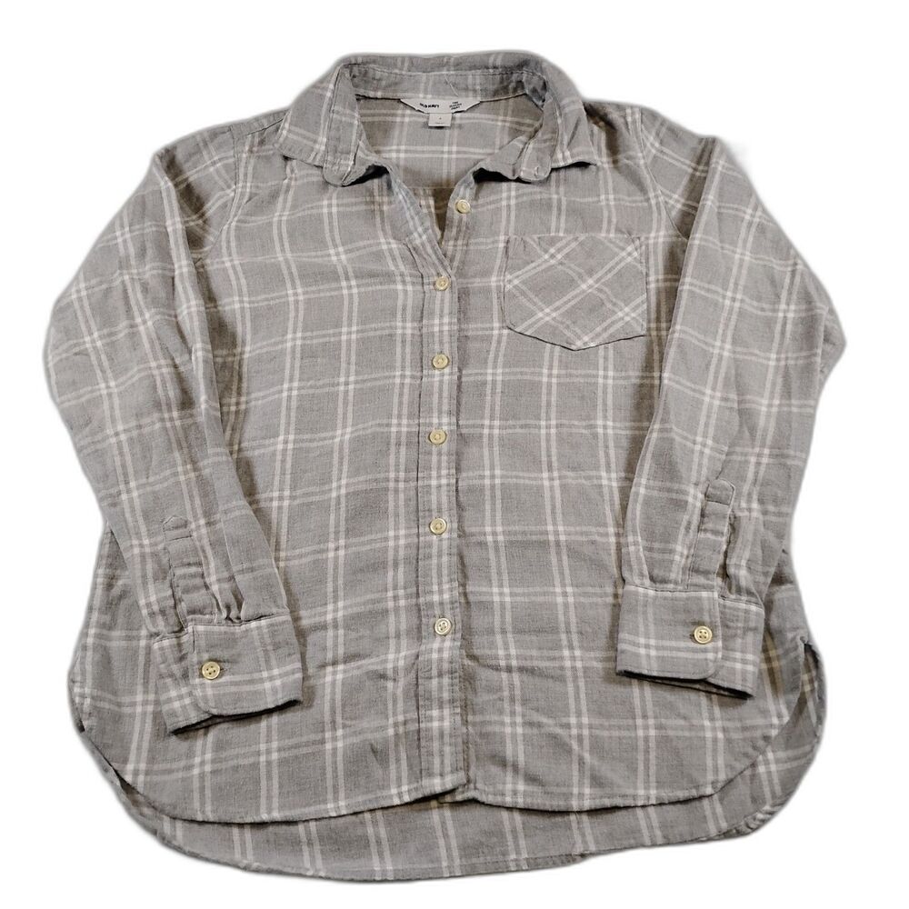Old Navy Women's The Classic Shirt Flannel Button Down Top Size Small Gray White